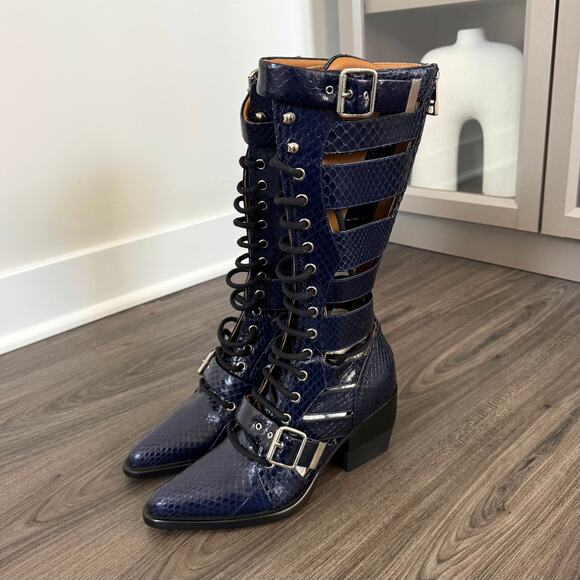 Chloe Riley Knee High Navy Leather Snakeskin Block Heeled Boots 37 NEW Bootie - Picture 2 of 7